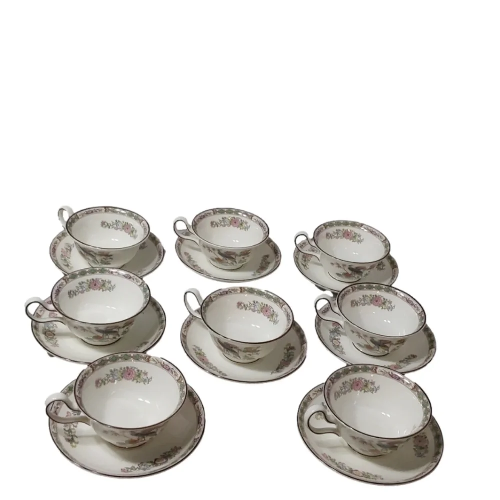 8 WEDGWOOD KUTANI CRANE R4464 PEONY SHAPED FOOTED TEA CUP &‎ SAUCER SET